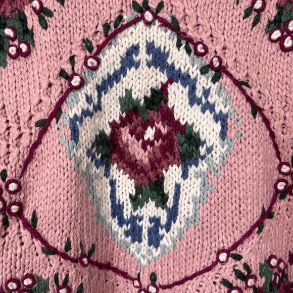 VTG Womens Chunky Knit Sweater L Petite Pink Mauve Rose Floral Granny Cottage - Picture 9 of 11
